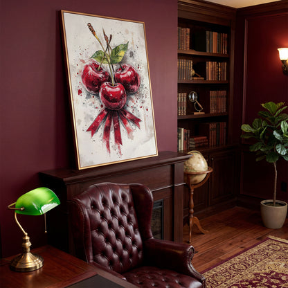 Red Cherries Watercolor Canvas in antique gold floating frame