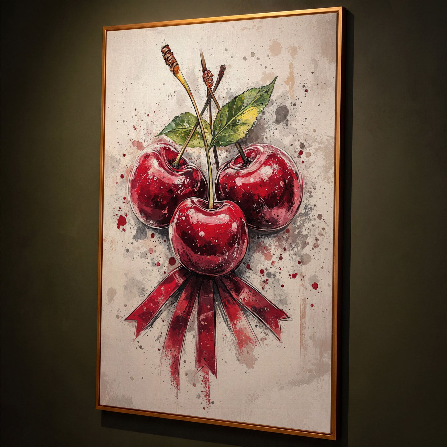 Red Cherries Watercolor Canvas shown in antique gold floating frame