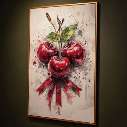 Red Cherries Watercolor Canvas shown in antique gold floating frame