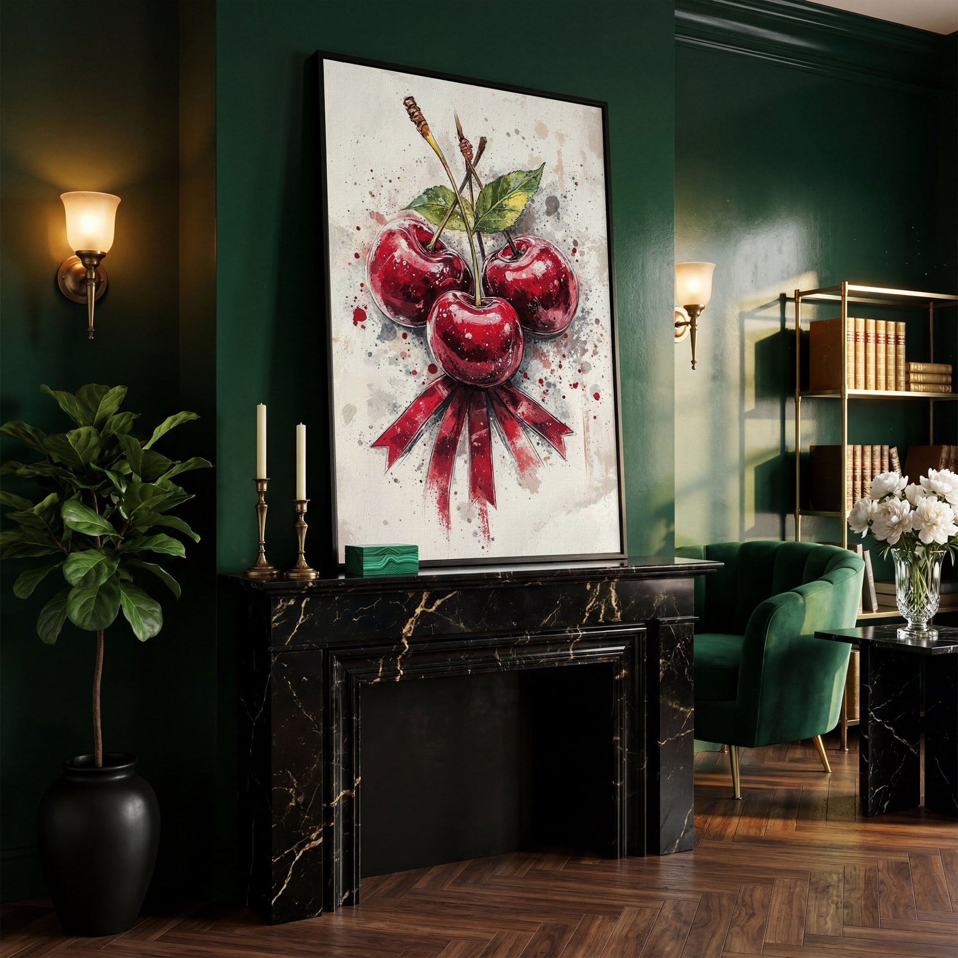 Red Cherries Watercolor Canvas in black floating frame