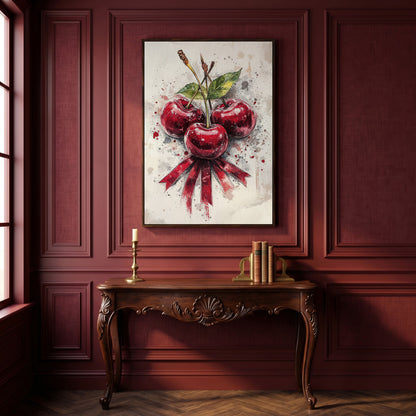 Red Cherries Watercolor Canvas in dark walnut floating frame