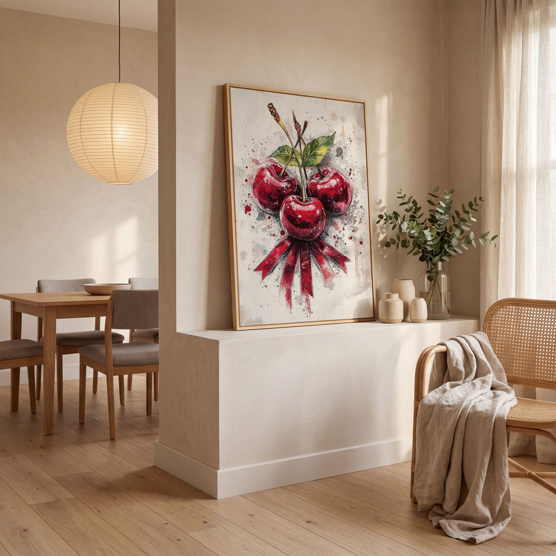 Red Cherries Watercolor Canvas in white oak floating frame