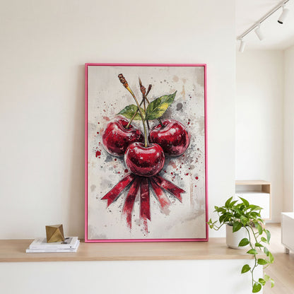 Red Cherries Watercolor Canvas in pink floating frame