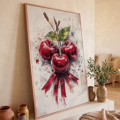 Red Cherries Watercolor Canvas in rose gold floating frame