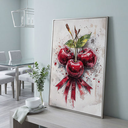 Red Cherries Watercolor Canvas in silver floating frame