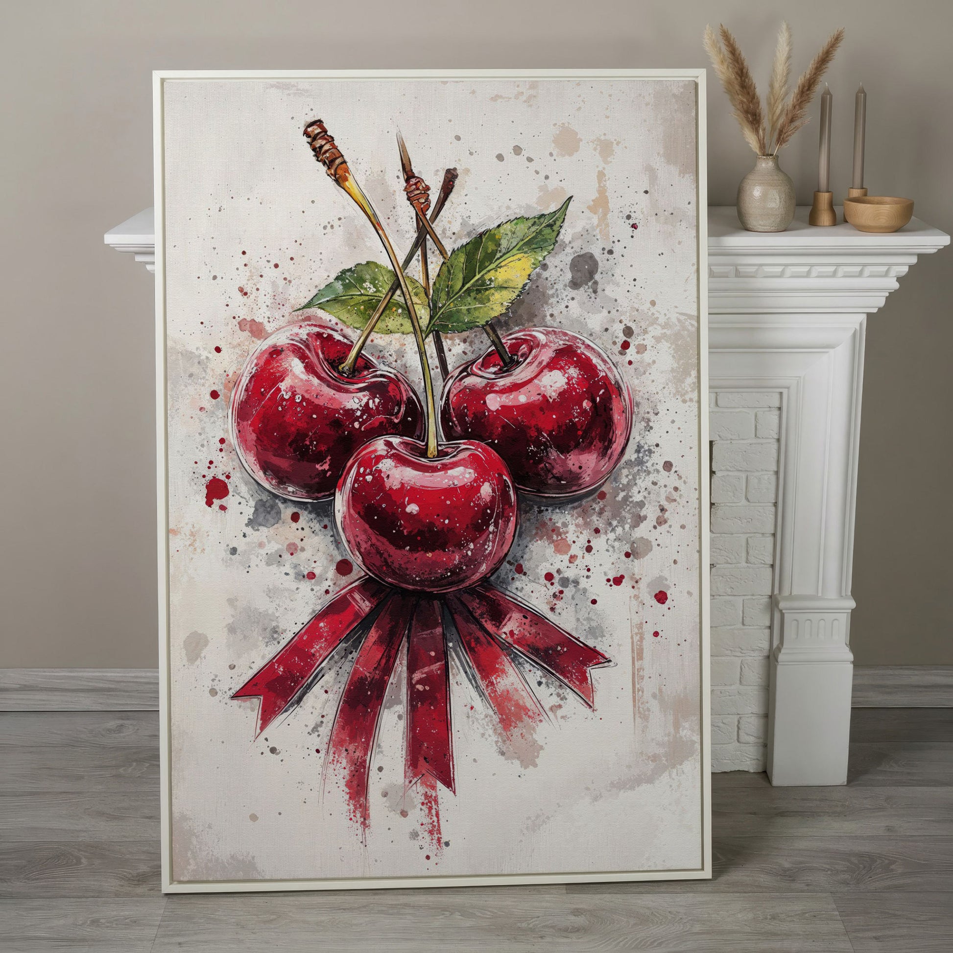 Red Cherries Watercolor Canvas in white floating frame