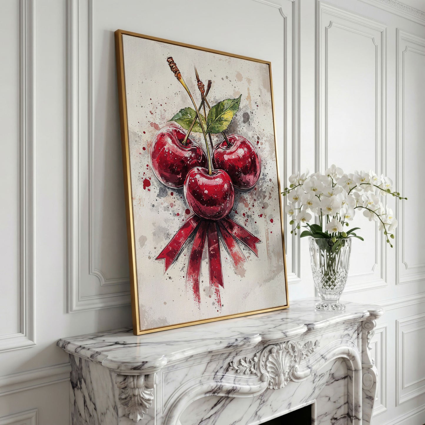 Red Cherries Watercolor Canvas in yellow gold floating frame