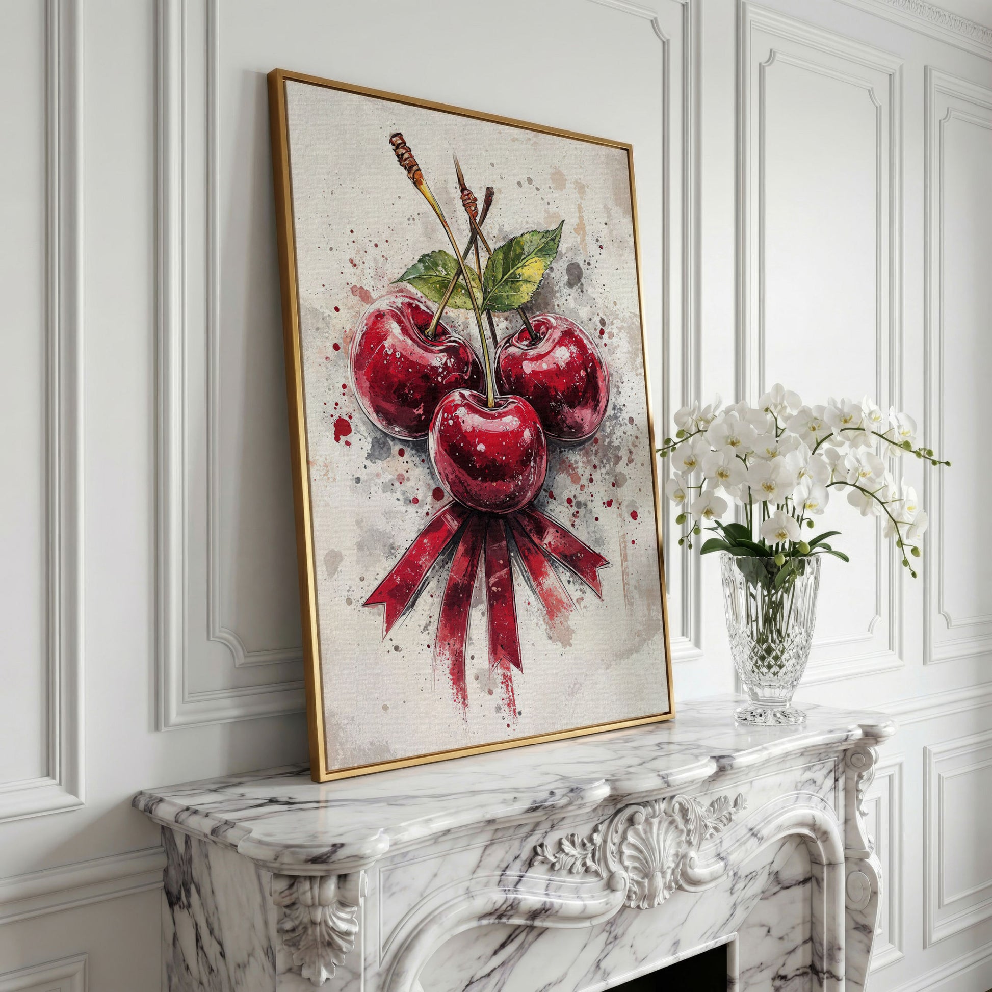 Red Cherries Watercolor Canvas in yellow gold floating frame