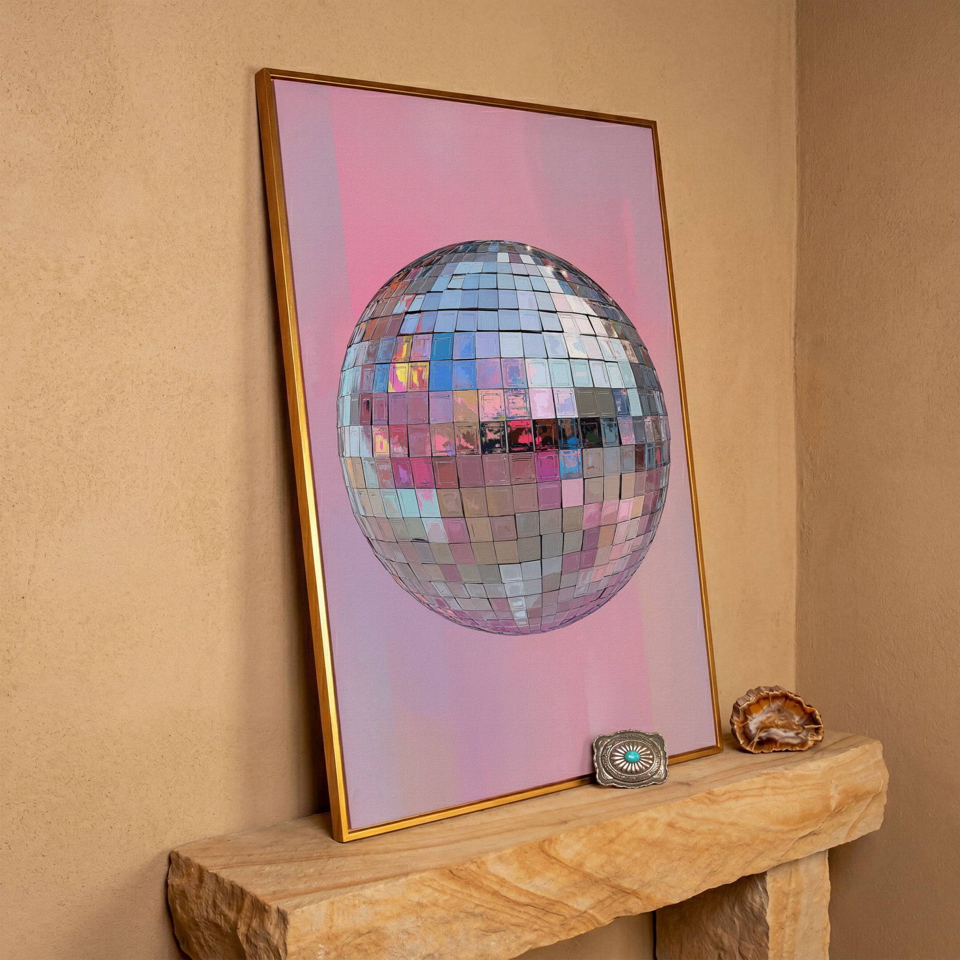 Pink Disco Ball Canvas Print in antique gold floating frame