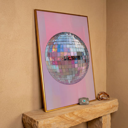Pink Disco Ball Canvas Print in antique gold floating frame