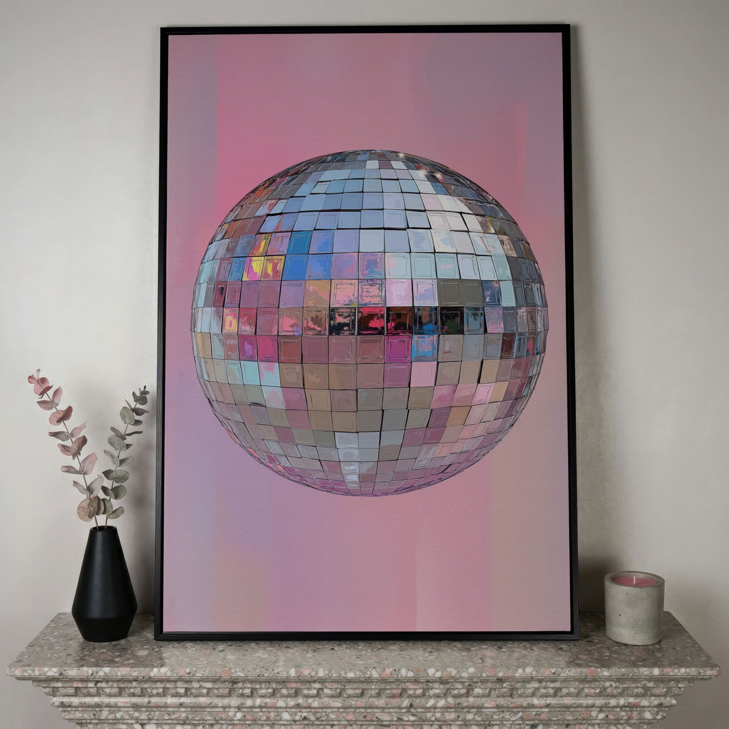Pink Disco Ball Canvas Print in black floating frame