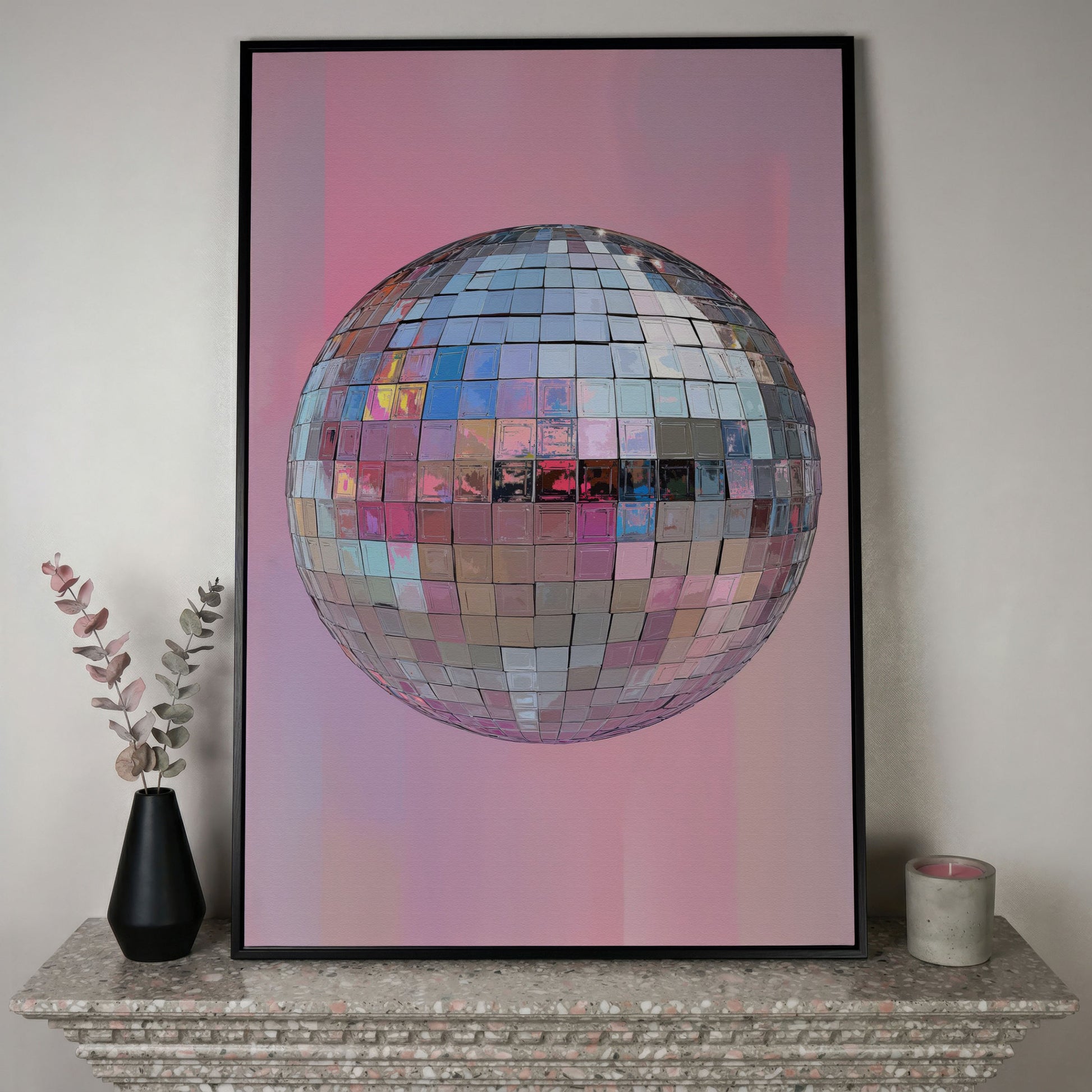 Pink Disco Ball Canvas Print in black floating frame