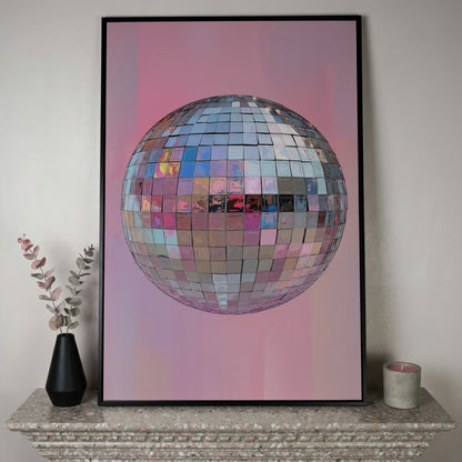 Pink Disco Ball Canvas Print in black floating frame