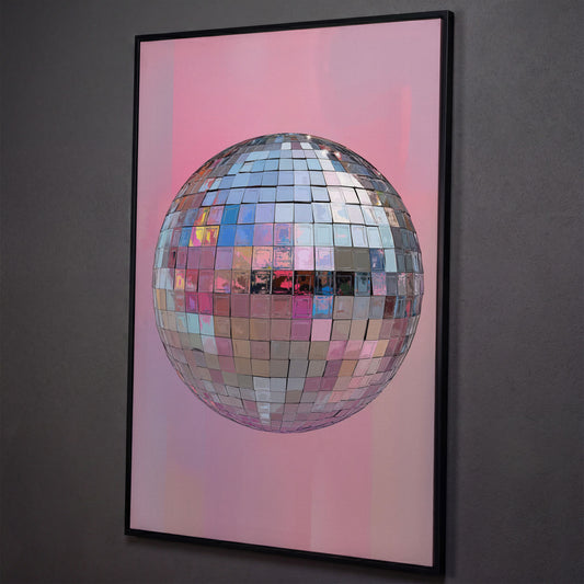 Pink Disco Ball Canvas Print shown in black floating frame