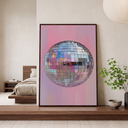 Pink Disco Ball Canvas Print in dark walnut floating frame