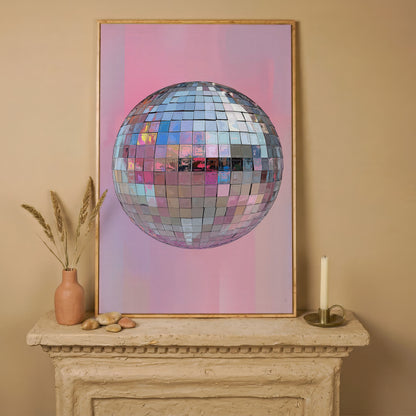 Pink Disco Ball Canvas Print in white oak floating frame