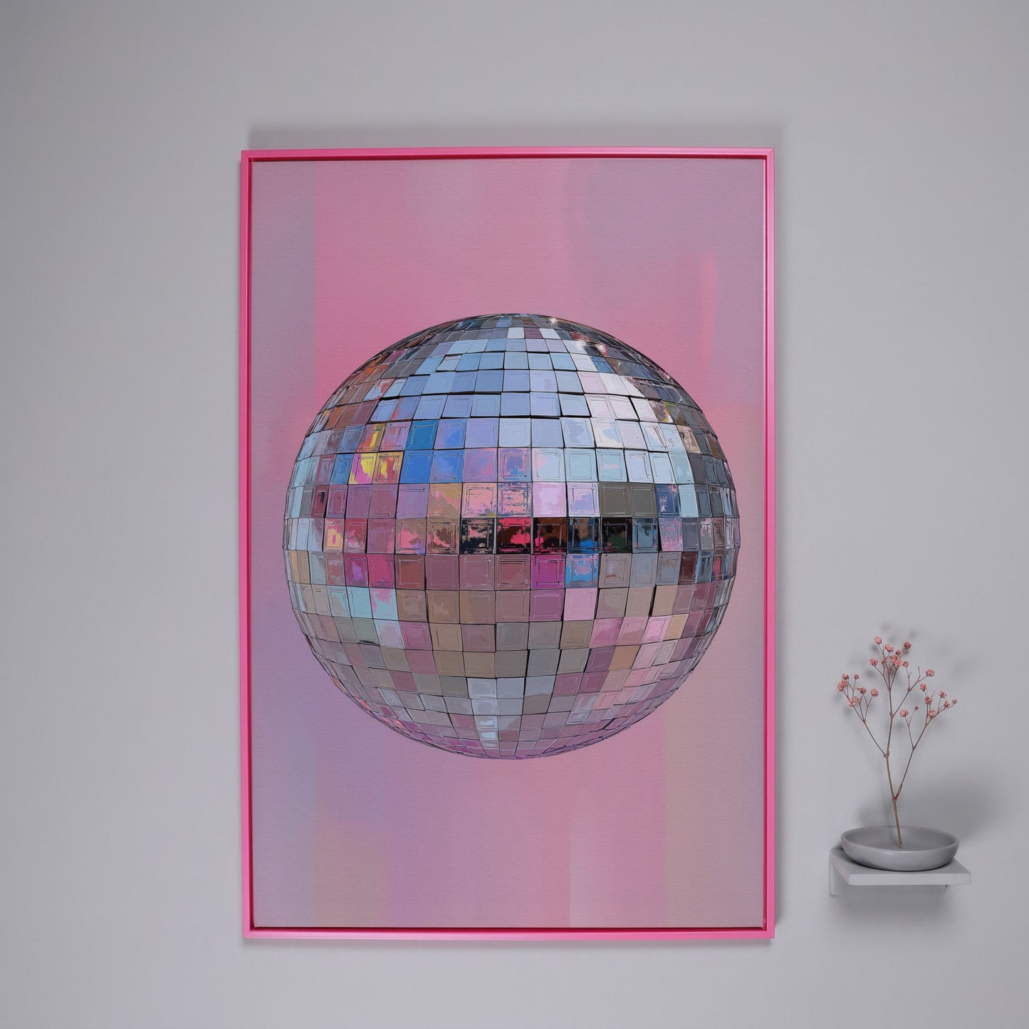 Pink Disco Ball Canvas Print in pink floating frame