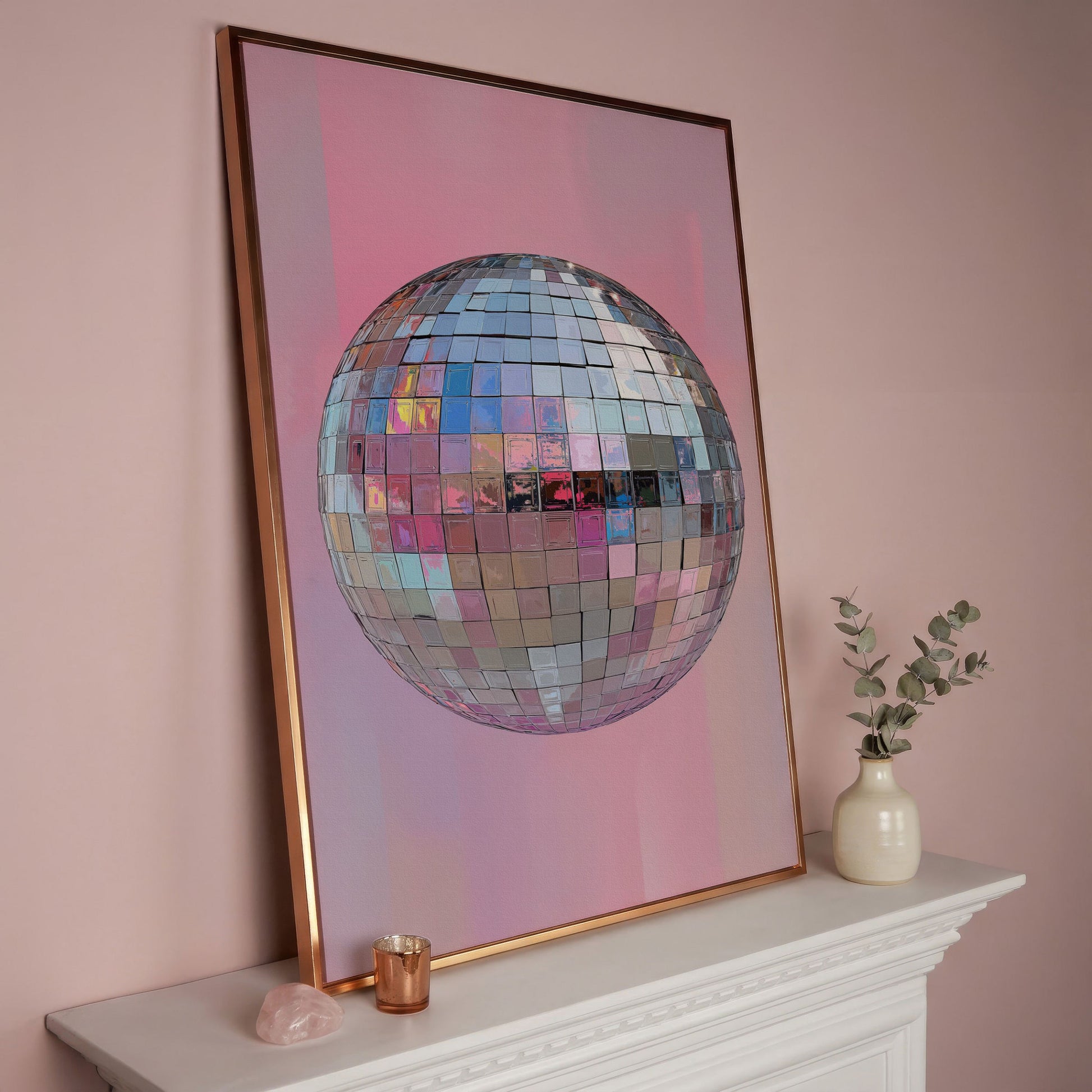 Pink Disco Ball Canvas Print in rose gold floating frame