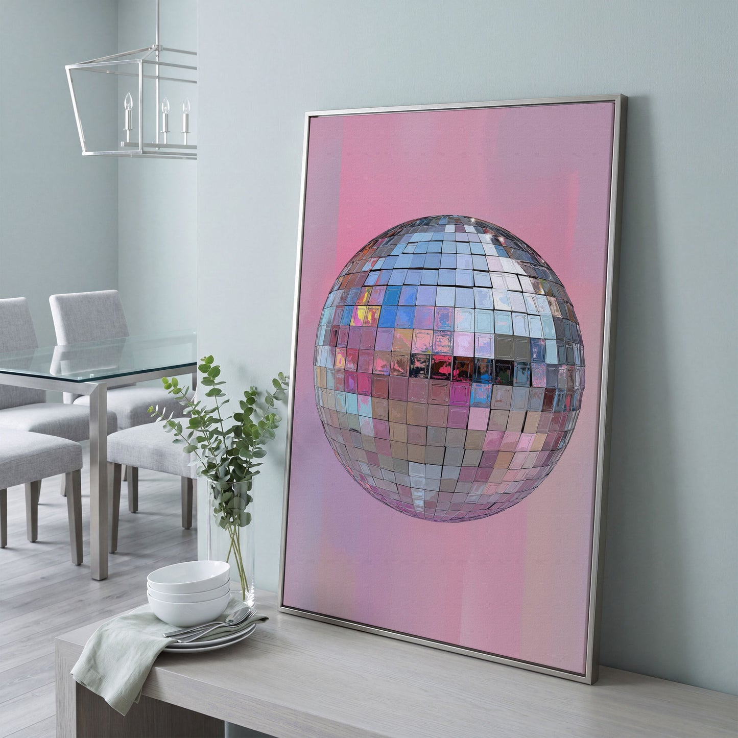 Pink Disco Ball Canvas Print in silver floating frame