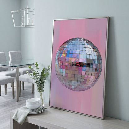 Pink Disco Ball Canvas Print in silver floating frame