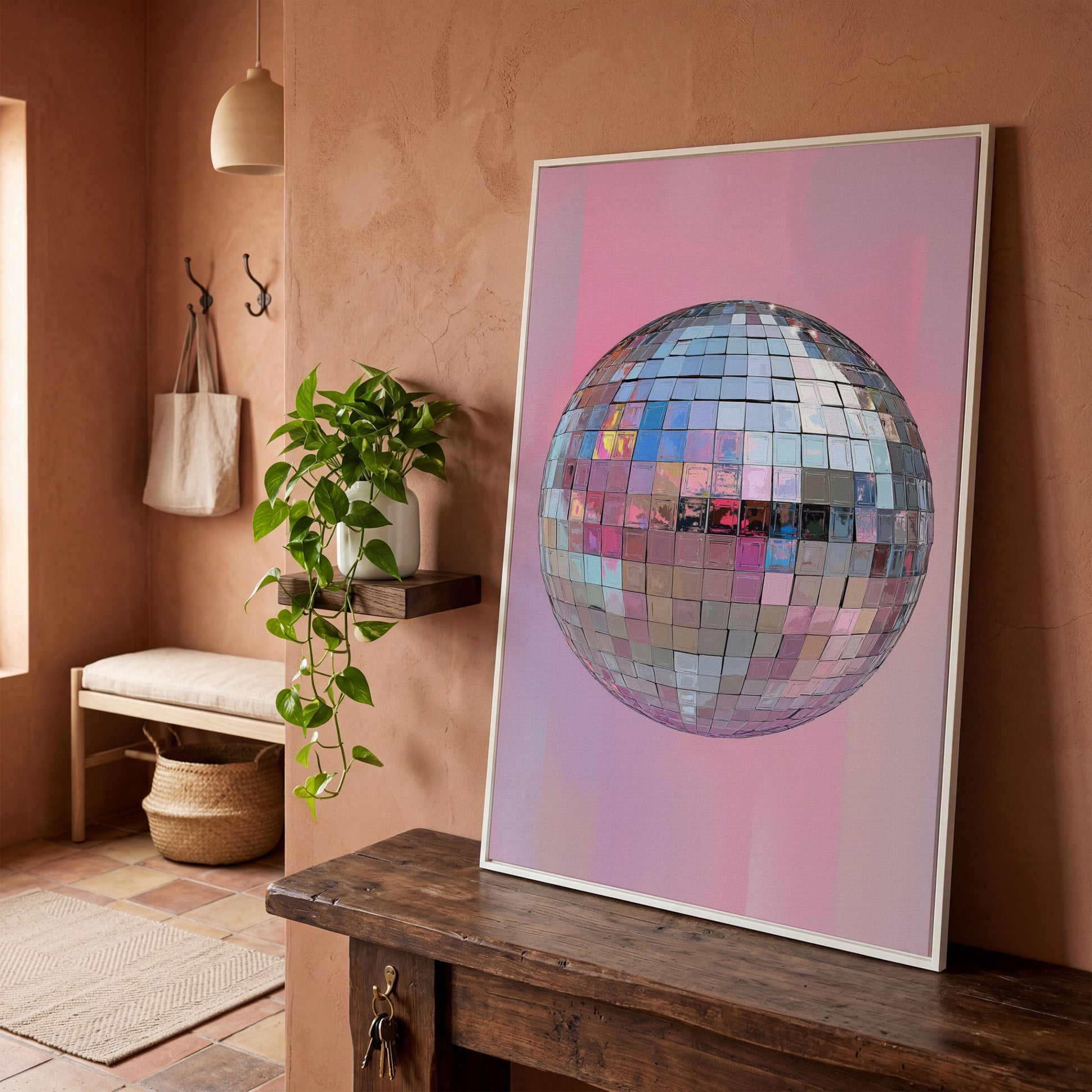 Pink Disco Ball Canvas Print in white floating frame