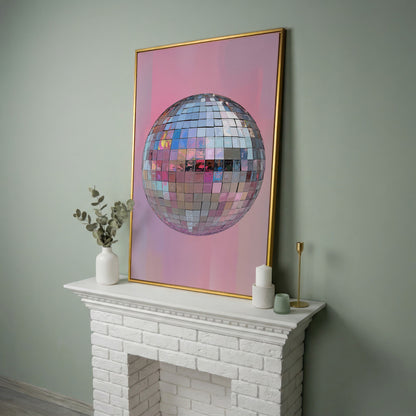 Pink Disco Ball Canvas Print in yellow gold floating frame