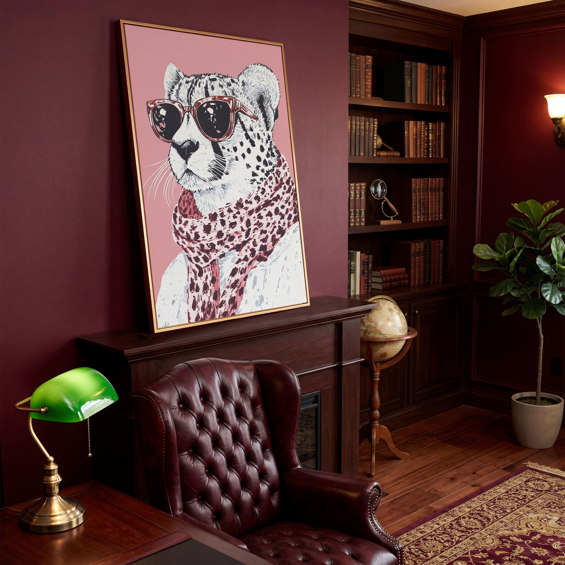Stylish Cheetah with Sunglasses Canvas Print in antique gold floating frame