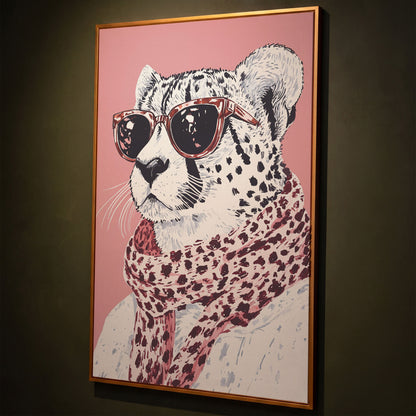 Stylish Cheetah with Sunglasses Canvas Print shown in antique gold floating frame