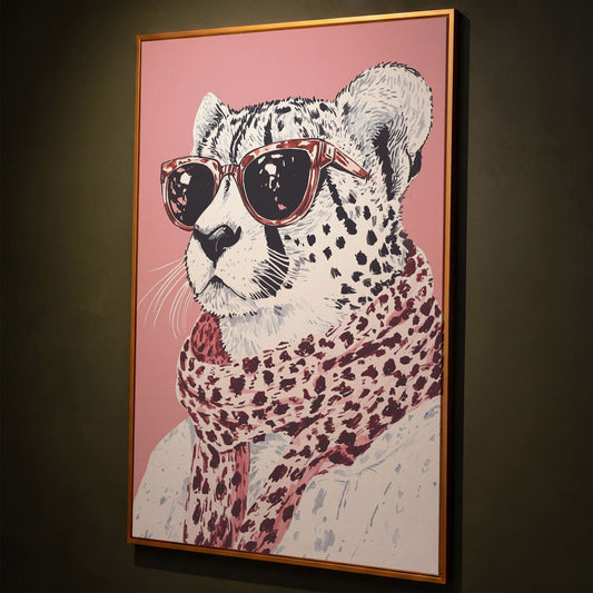 Stylish Cheetah with Sunglasses Canvas Print shown in antique gold floating frame