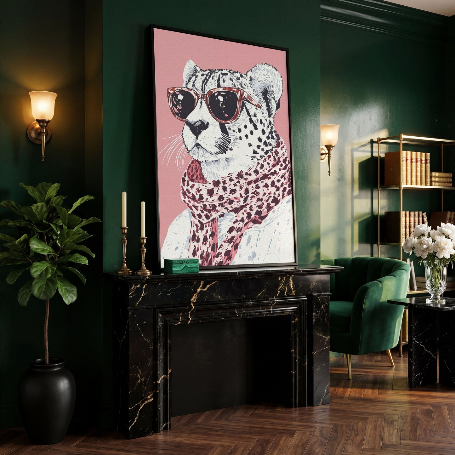 Stylish Cheetah with Sunglasses Canvas Print in black floating frame