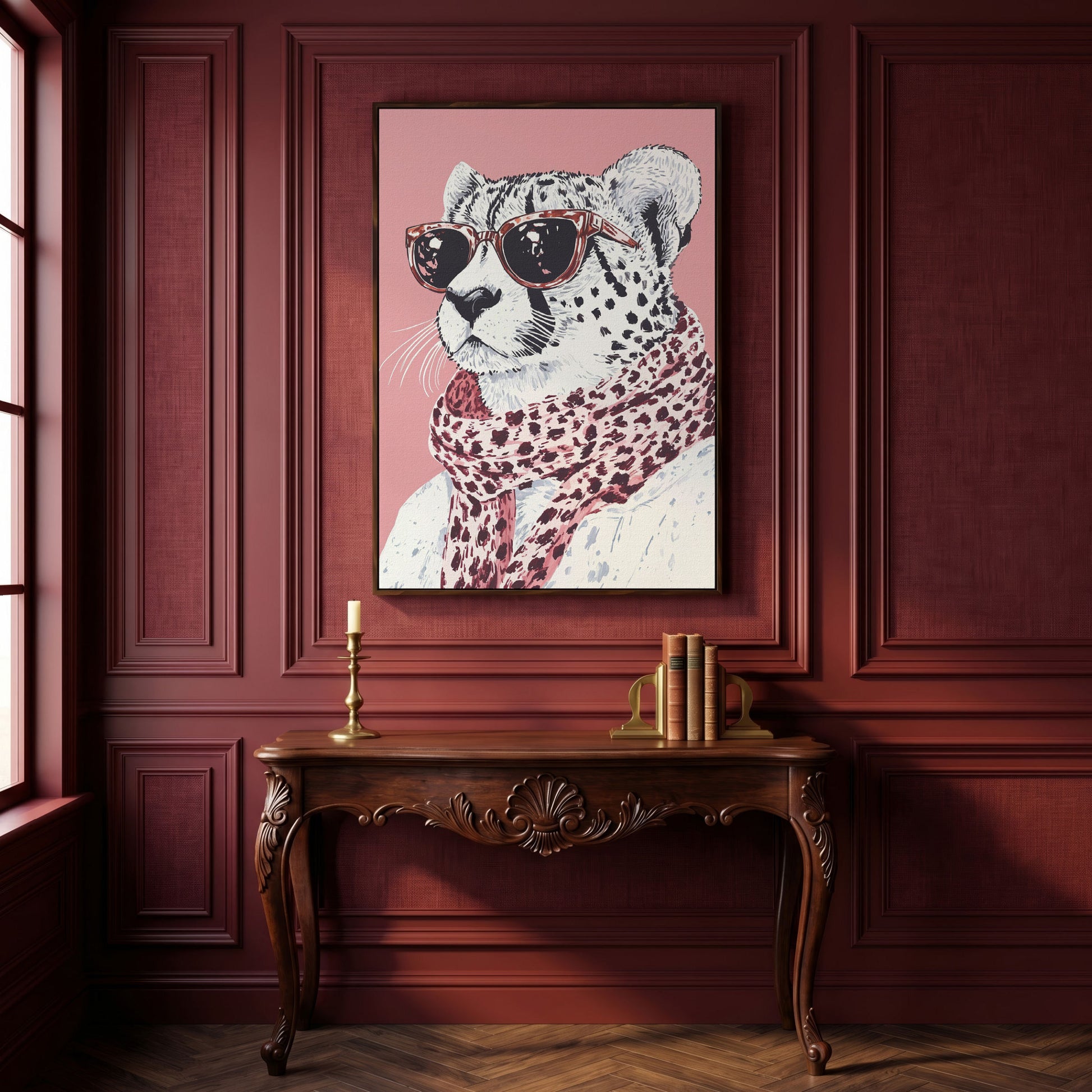 Stylish Cheetah with Sunglasses Canvas Print in dark walnut floating frame