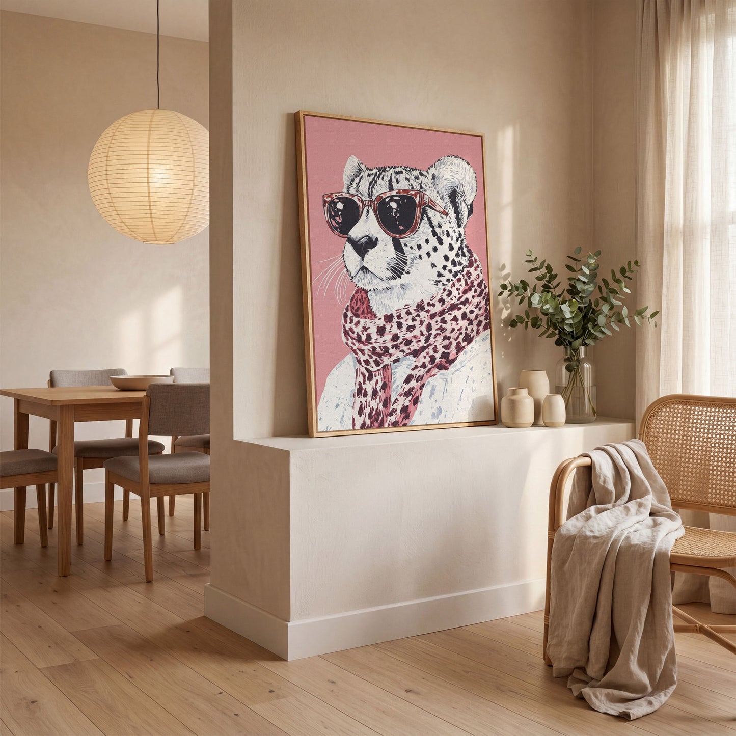 Stylish Cheetah with Sunglasses Canvas Print in white oak floating frame