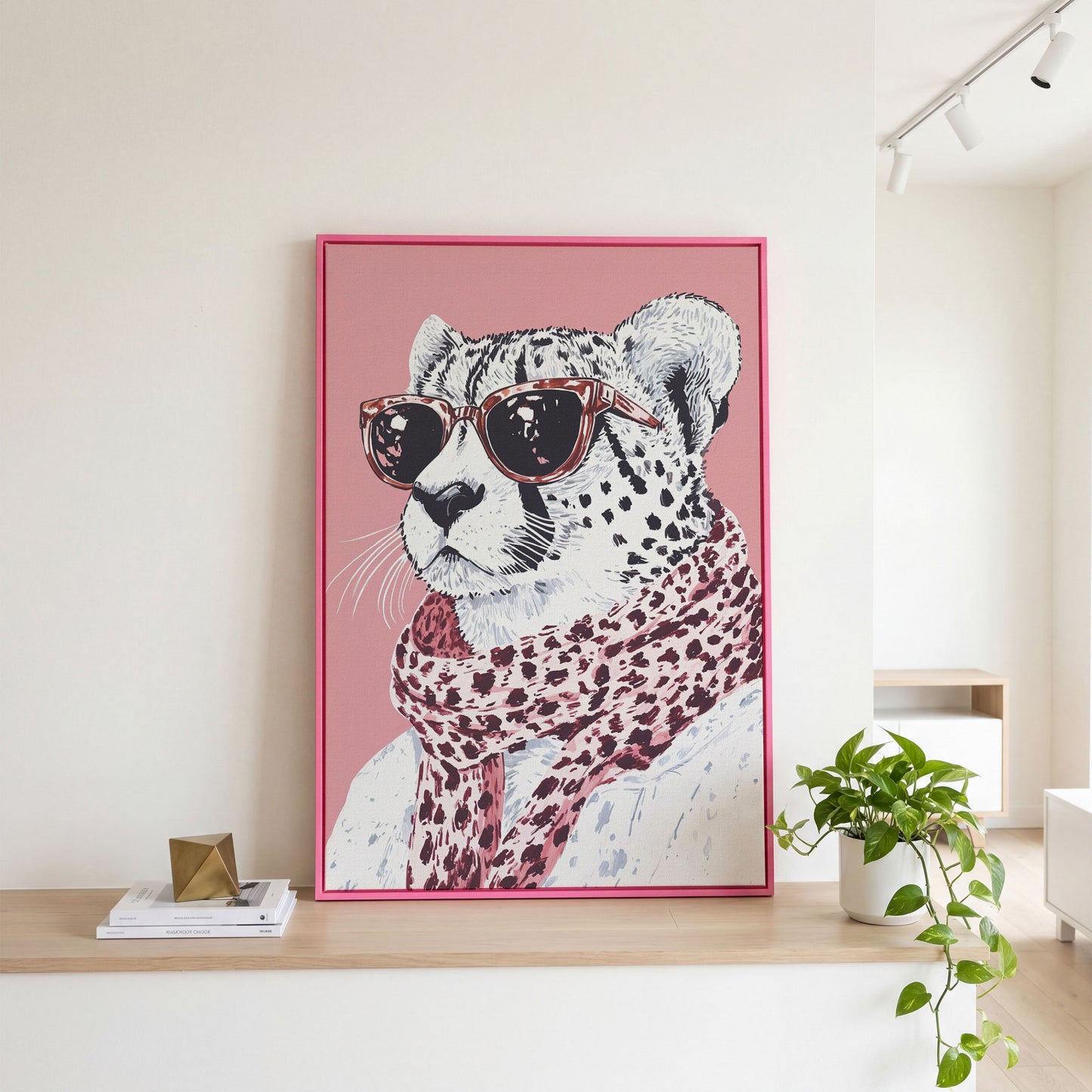 Stylish Cheetah with Sunglasses Canvas Print in pink floating frame