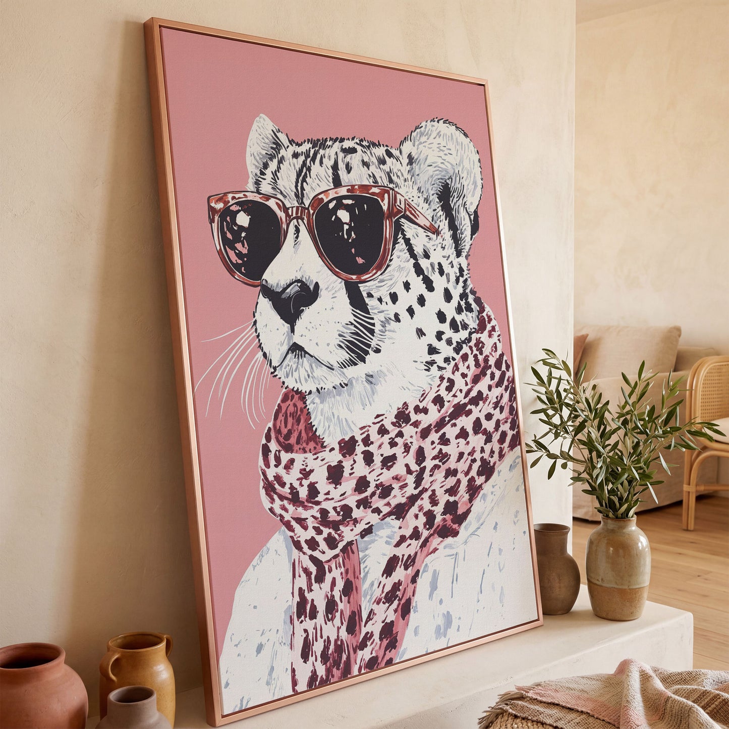 Stylish Cheetah with Sunglasses Canvas Print in rose gold floating frame