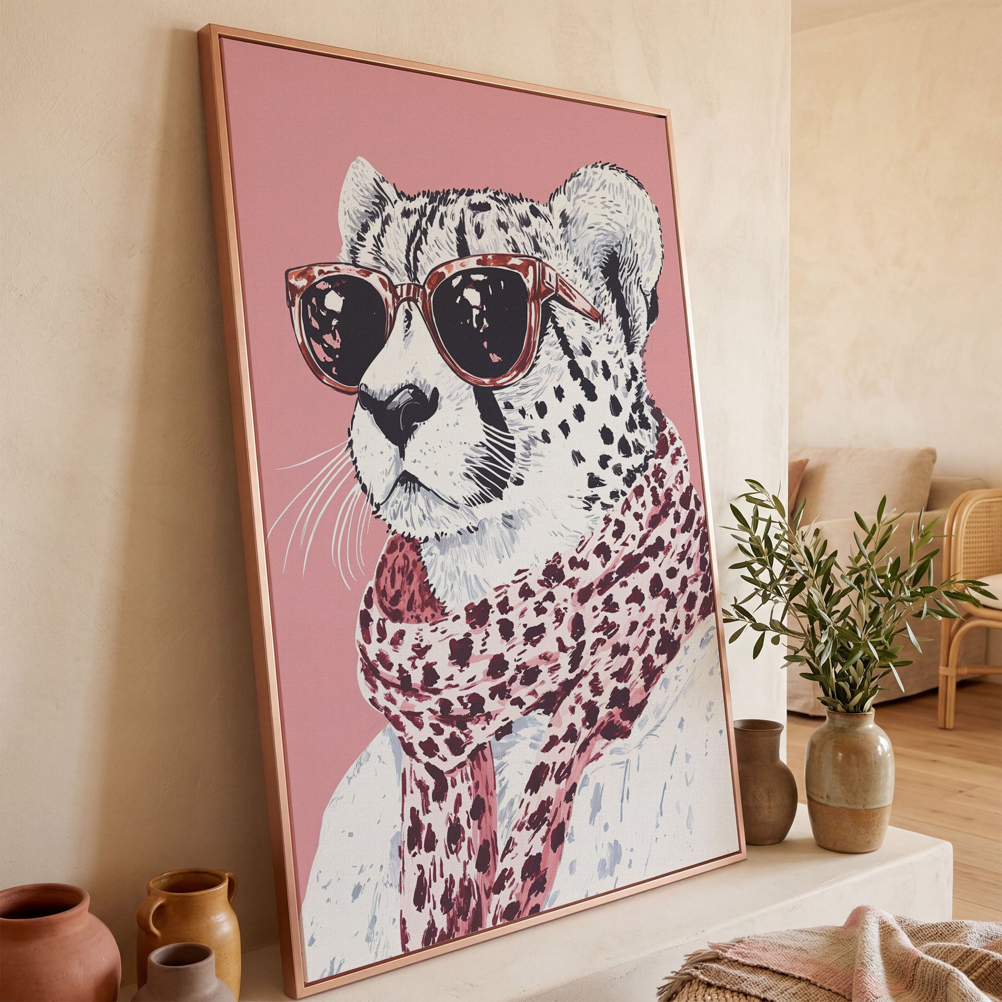 Stylish Cheetah with Sunglasses Canvas Print in rose gold floating frame