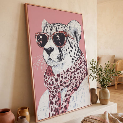 Stylish Cheetah with Sunglasses Canvas Print in rose gold floating frame