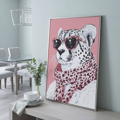 Stylish Cheetah with Sunglasses Canvas Print in silver floating frame
