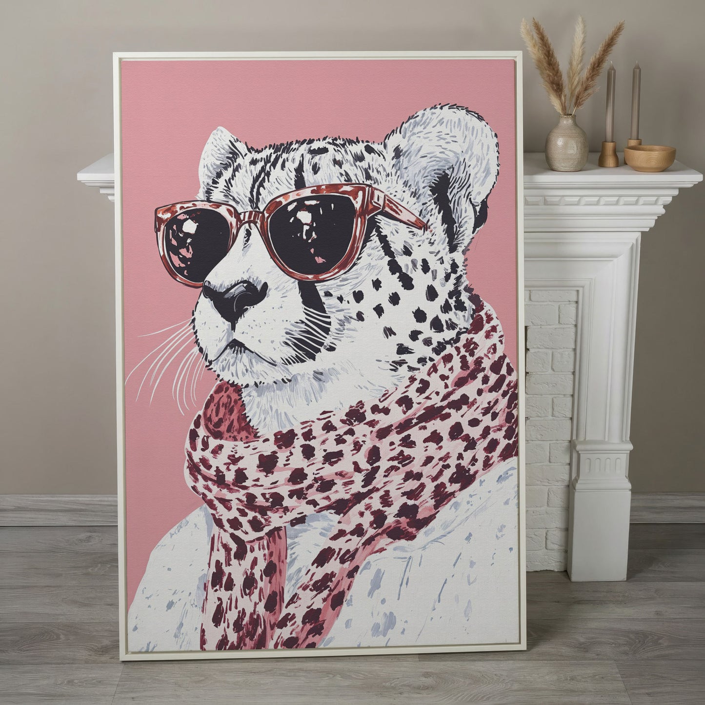 Stylish Cheetah with Sunglasses Canvas Print in white floating frame