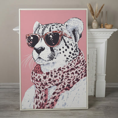 Stylish Cheetah with Sunglasses Canvas Print in white floating frame