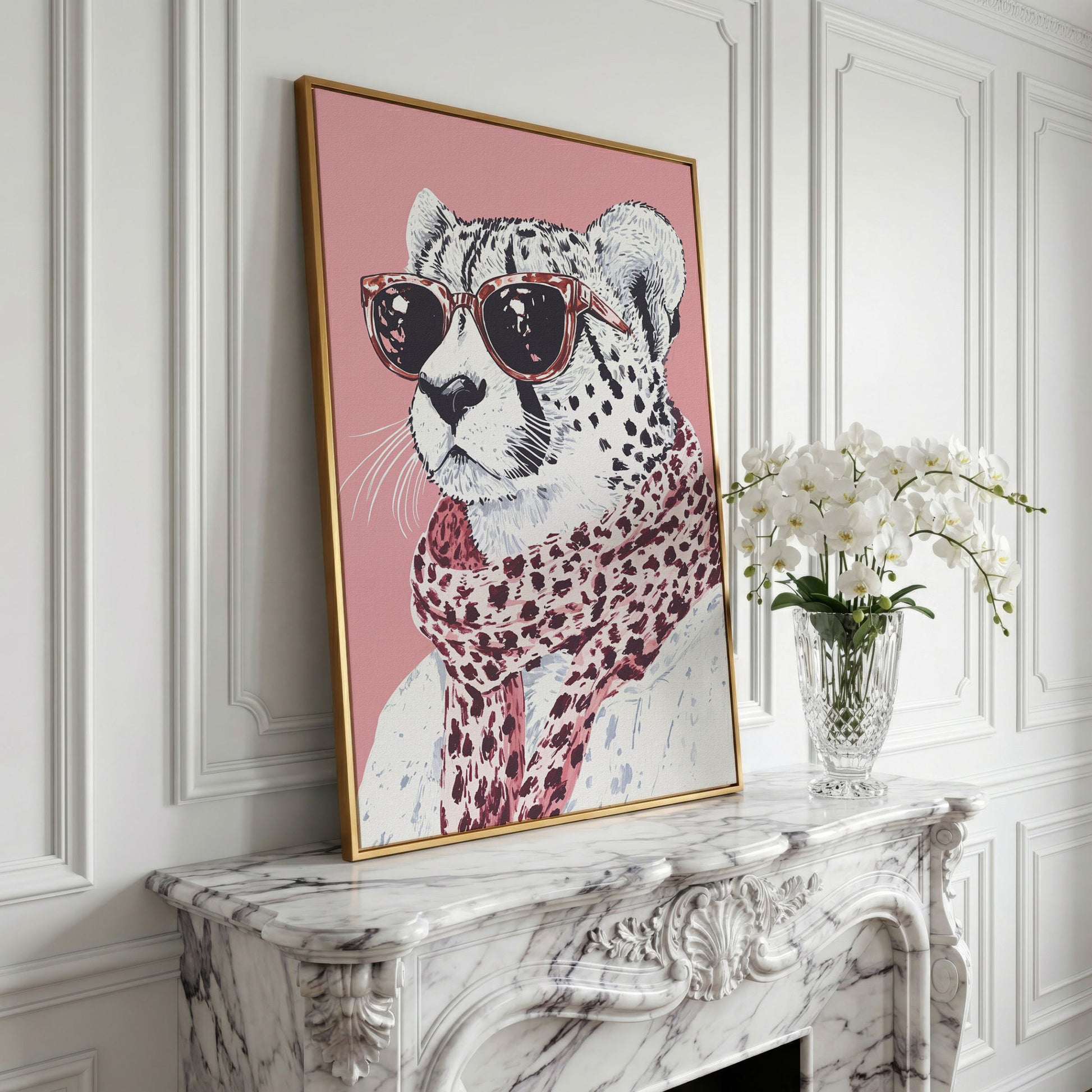 Stylish Cheetah with Sunglasses Canvas Print in yellow gold floating frame