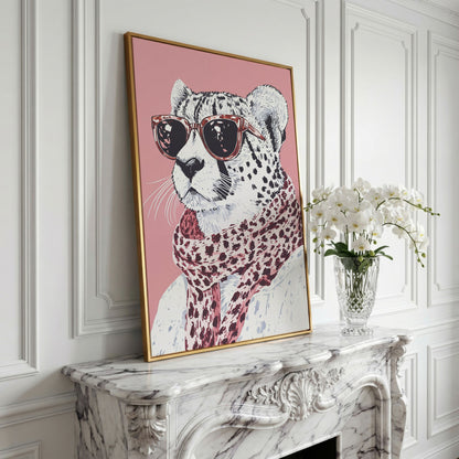 Stylish Cheetah with Sunglasses Canvas Print in yellow gold floating frame