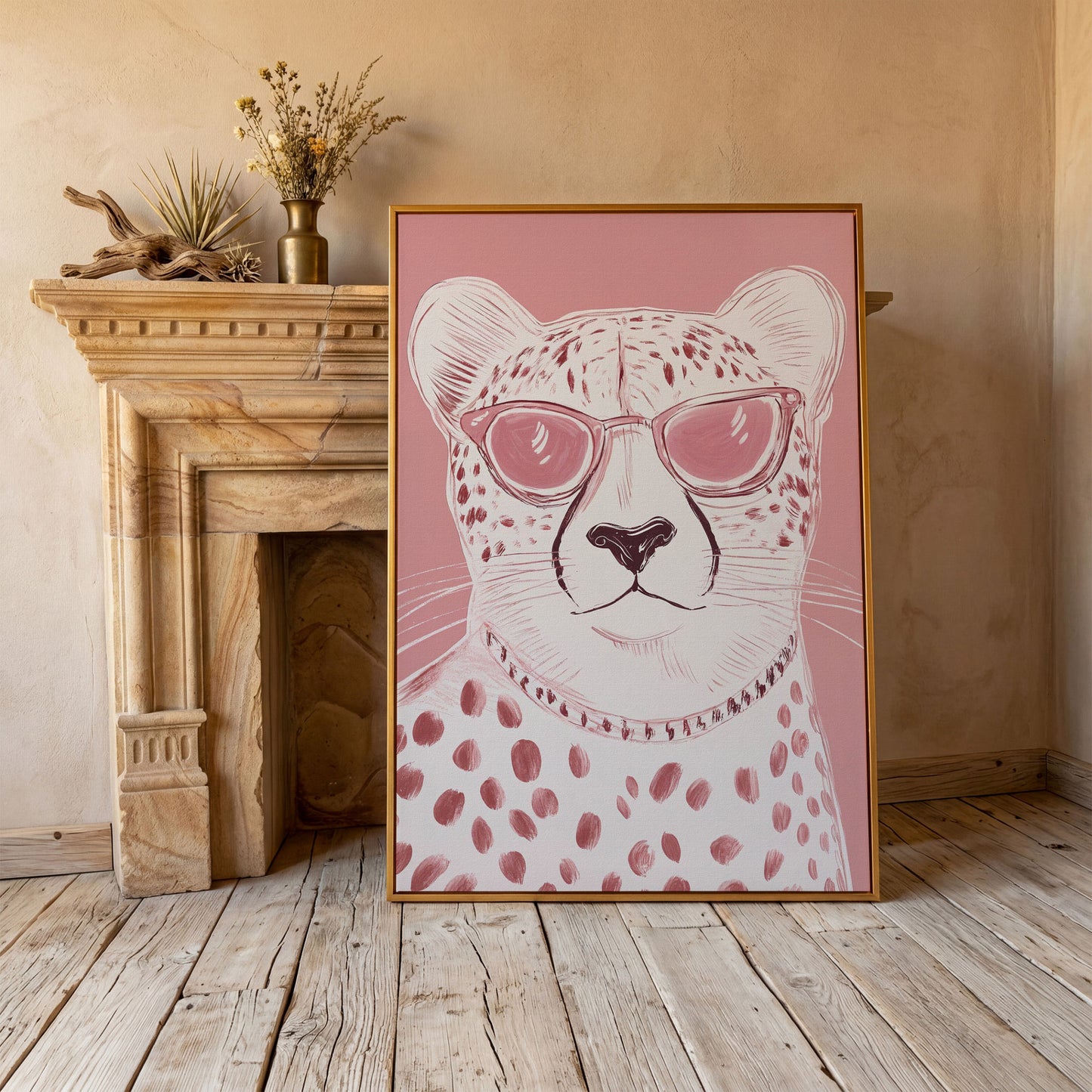 Cheetah in Pink Sunglasses Canvas in antique gold floating frame