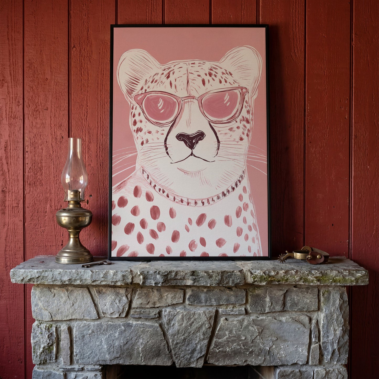 Cheetah in Pink Sunglasses Canvas in black floating frame