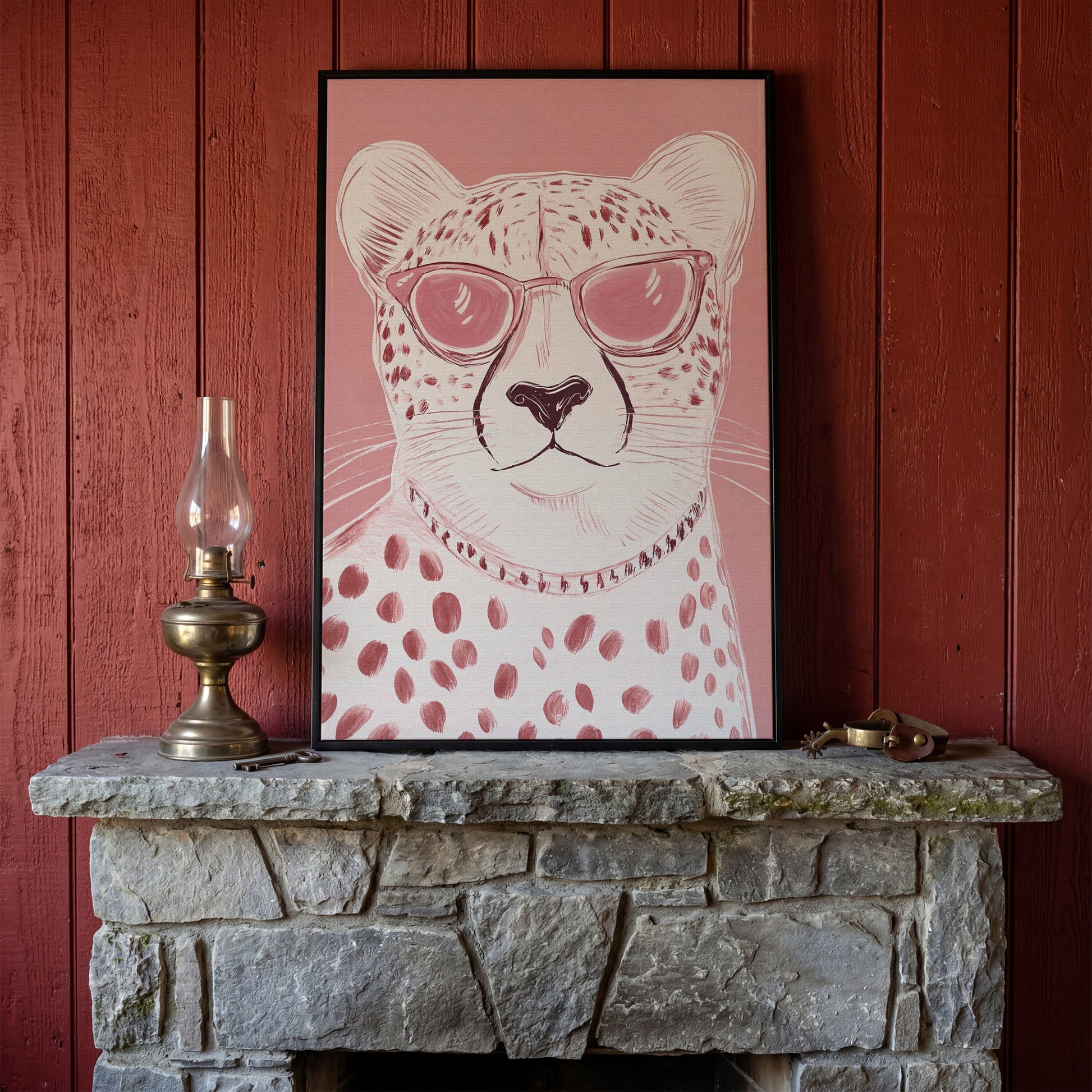 Cheetah in Pink Sunglasses Canvas in black floating frame