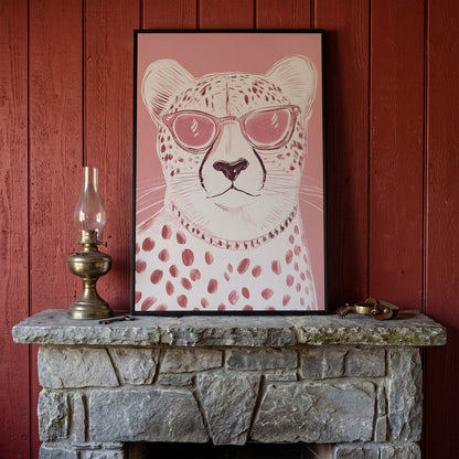 Cheetah in Pink Sunglasses Canvas in black floating frame
