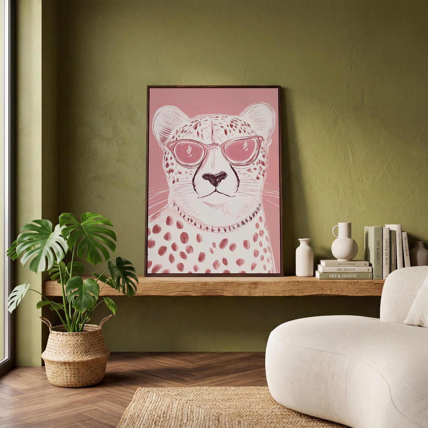 Cheetah in Pink Sunglasses Canvas in dark walnut floating frame