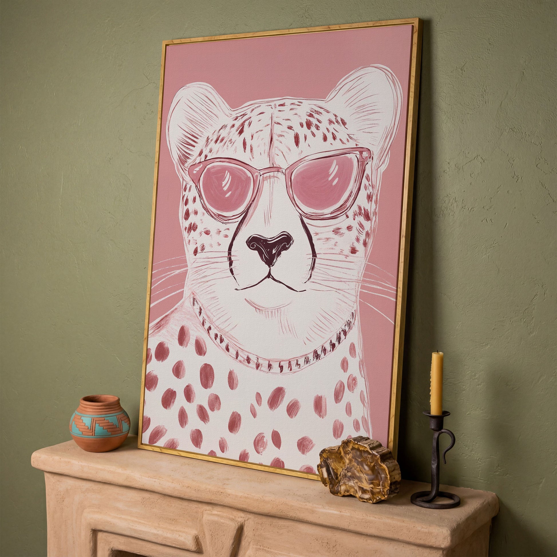 Cheetah in Pink Sunglasses Canvas in white oak floating frame