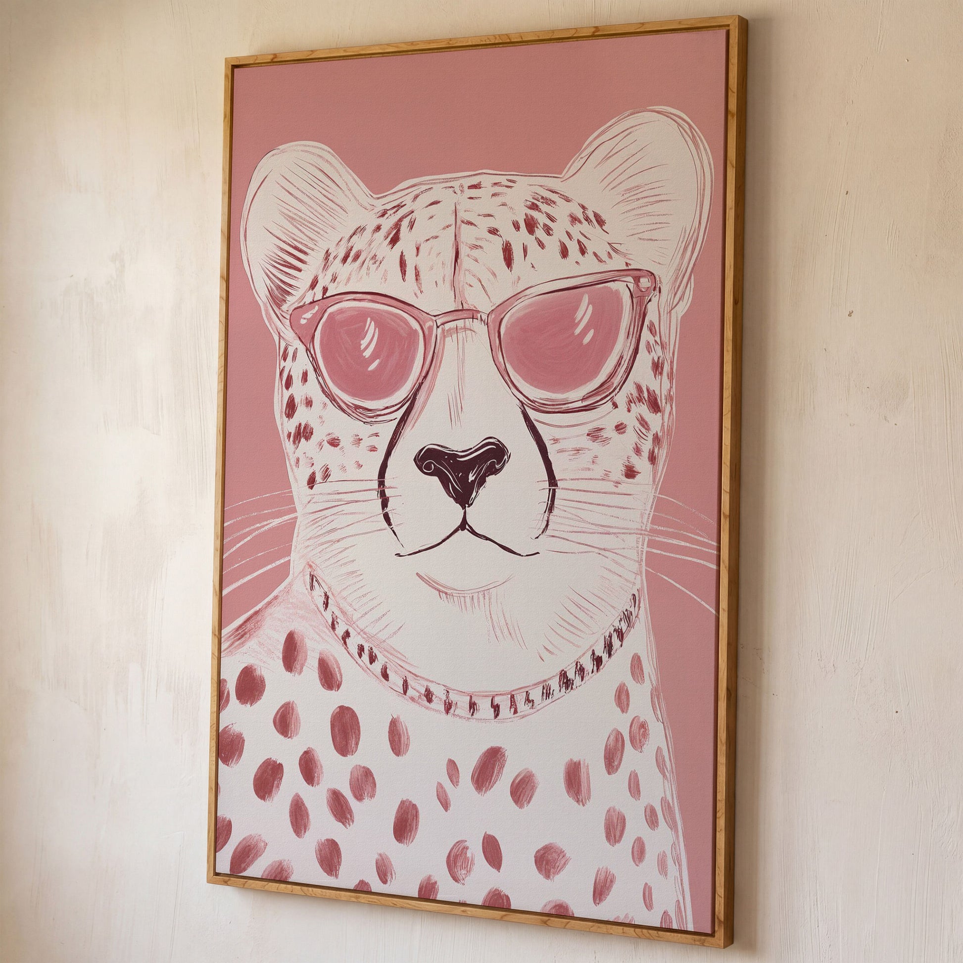 Cheetah in Pink Sunglasses Canvas shown in white oak floating frame