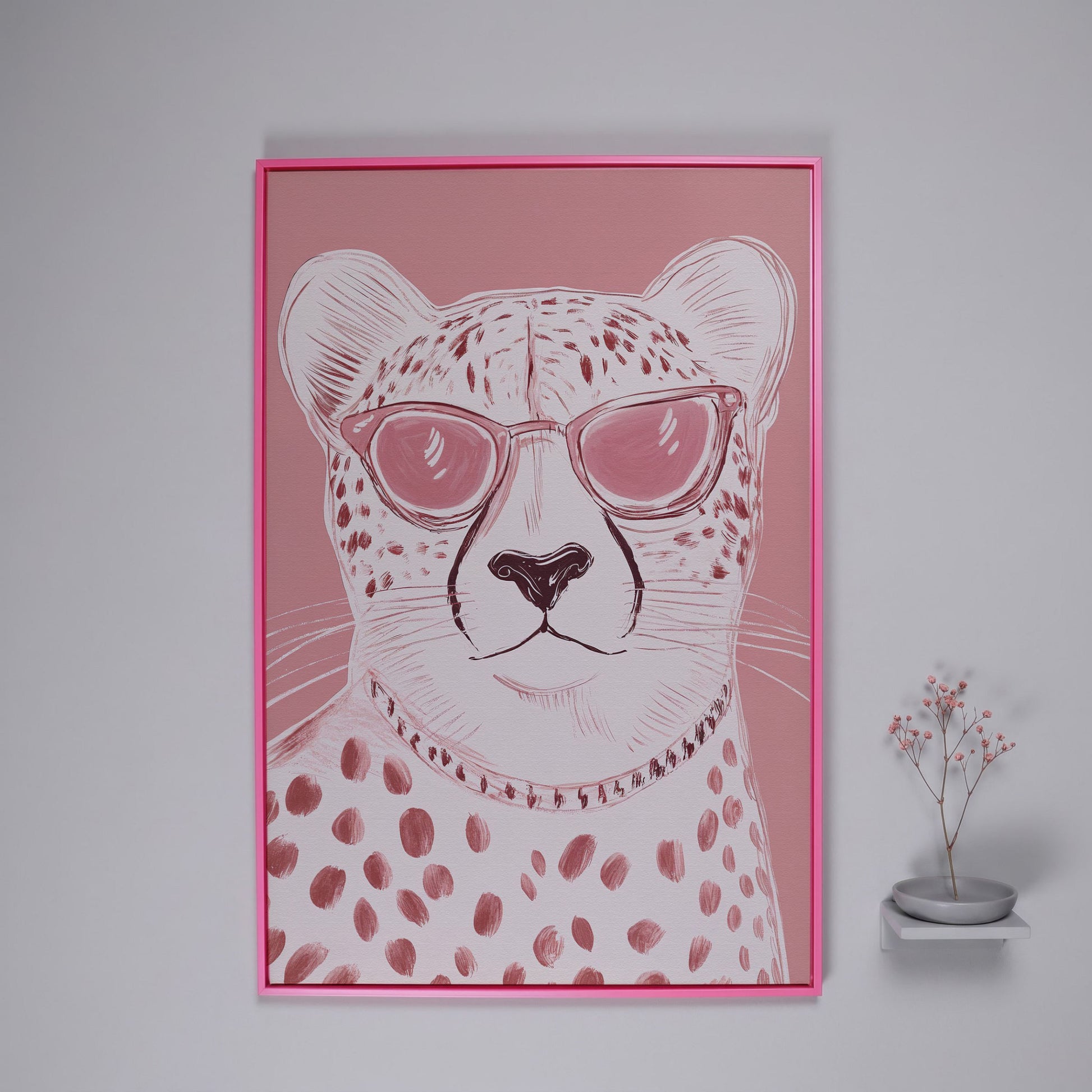 Cheetah in Pink Sunglasses Canvas in pink floating frame