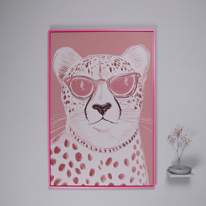 Cheetah in Pink Sunglasses Canvas in pink floating frame